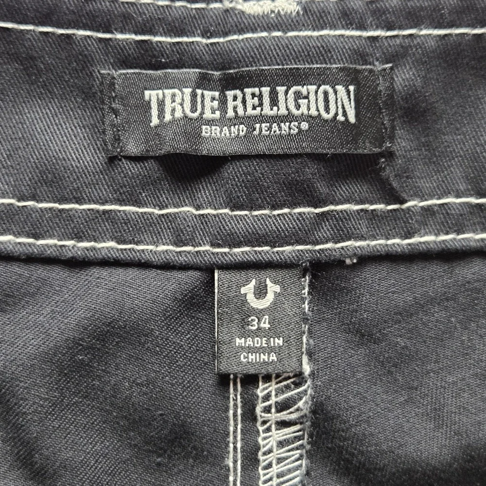 True Religion Cargo Pants Mens 36x32 Black Contrast Stitch Denim Pockets Casual